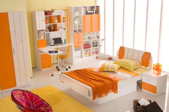 оранжевые оттенки в декоре женской спальни