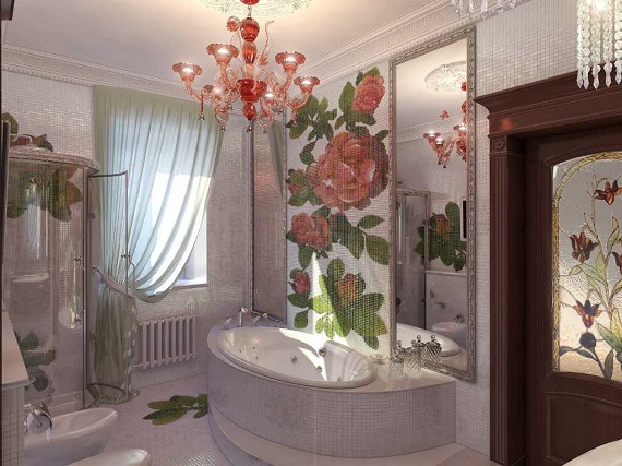 Цветочные мотивы в мозаике ванной